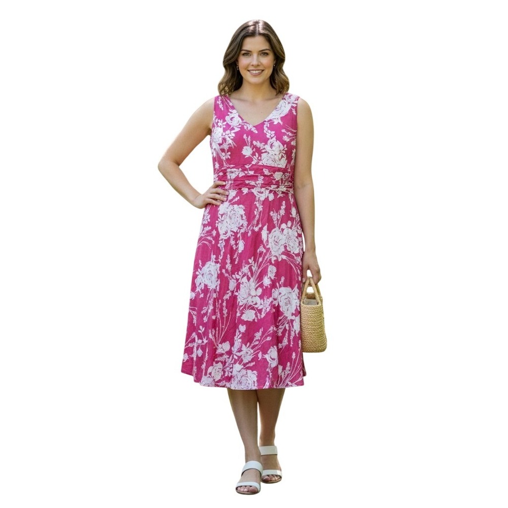 NWT RB Collection NY Dress Womens 12 Pink Floral Sleeveless V-Neck Midi Cotton‎